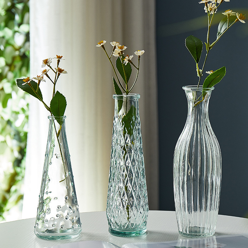 French Vintage Small Vase Embossed Glass High Appearance Level Sensen-Style Vase Transparent Hydroponic Flower Arrangement Living Room Decoration Vase