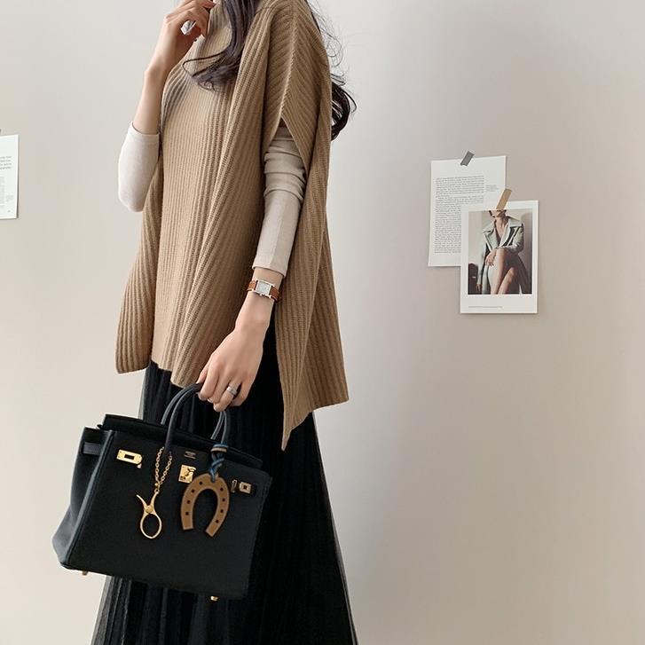 The official website of South Korea offers an elegant and light mature style cape sweater, cape coat, knitted sweater, women's top, loose and slimming plus-size Specification image