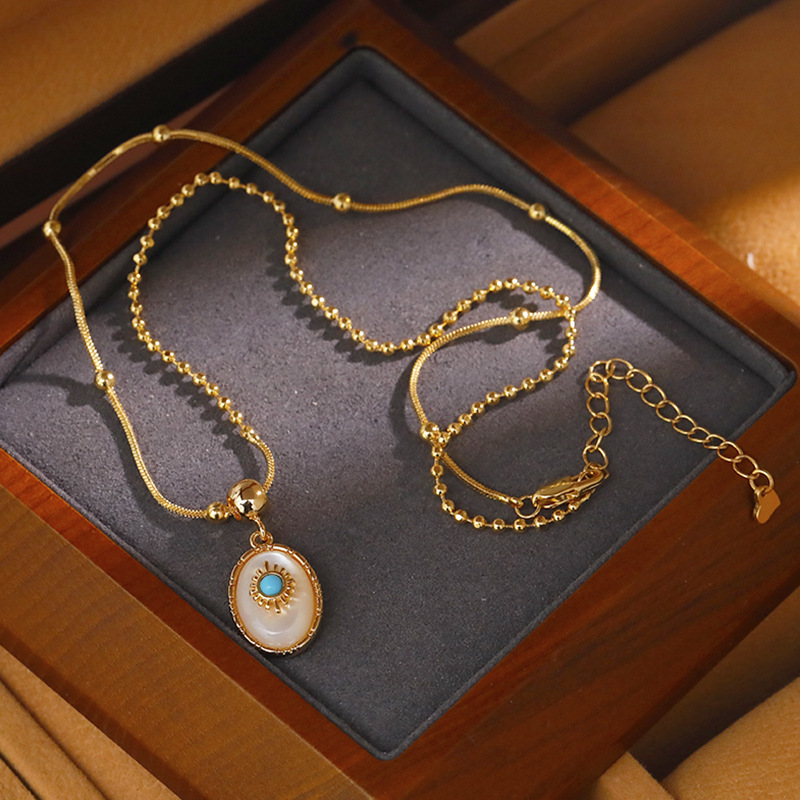 Hyacinth French court style light luxury turquoise necklace, natural shell pendant, copper gold-plated collarbone chain, 2025 Douyin bestseller details Picture