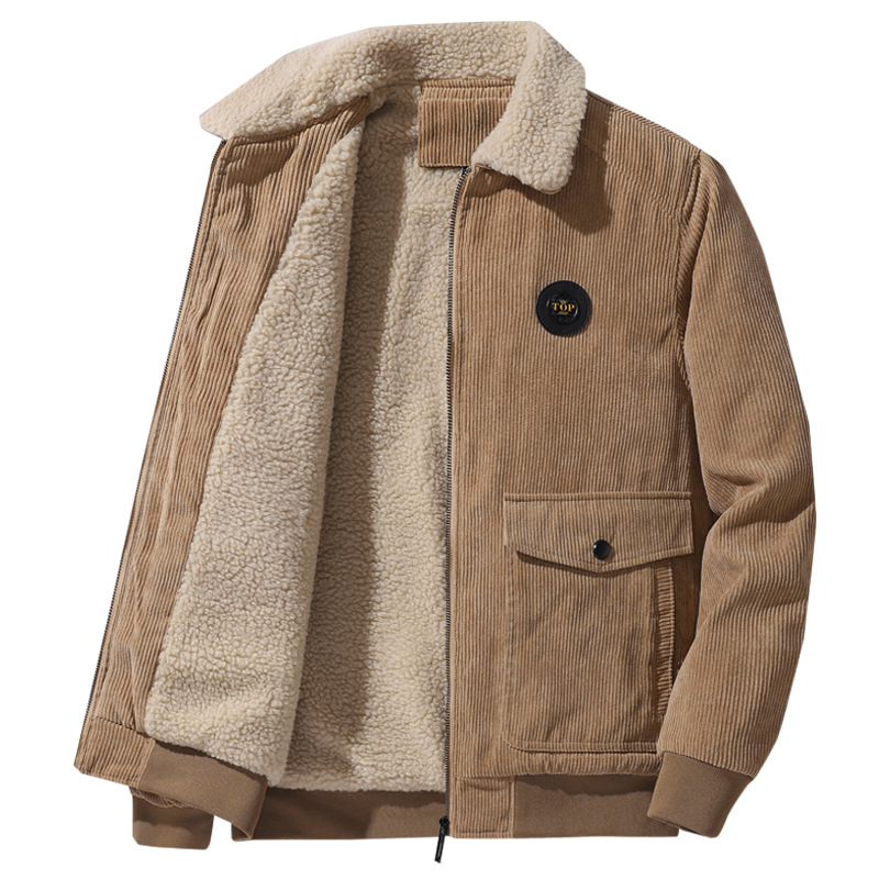 Autumn/Winter New Corduroy Lamb Jacket For Men Loose Plus Fleece Thickened Casual Lapel Coat For Men
