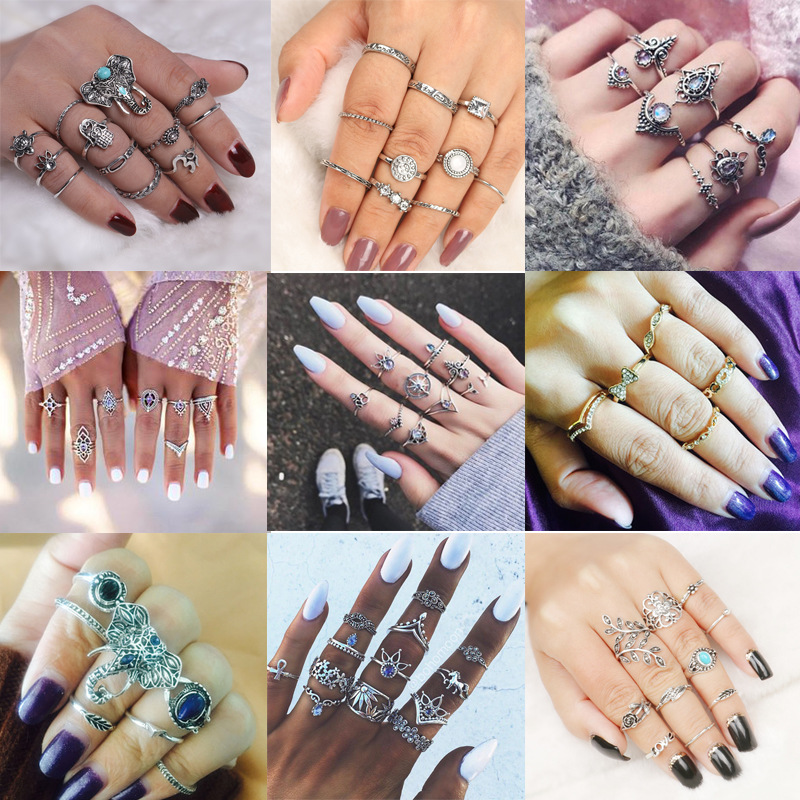 欧美流行套装戒指 复古多元素组合多件套戒指 几何型女式戒指详情图3