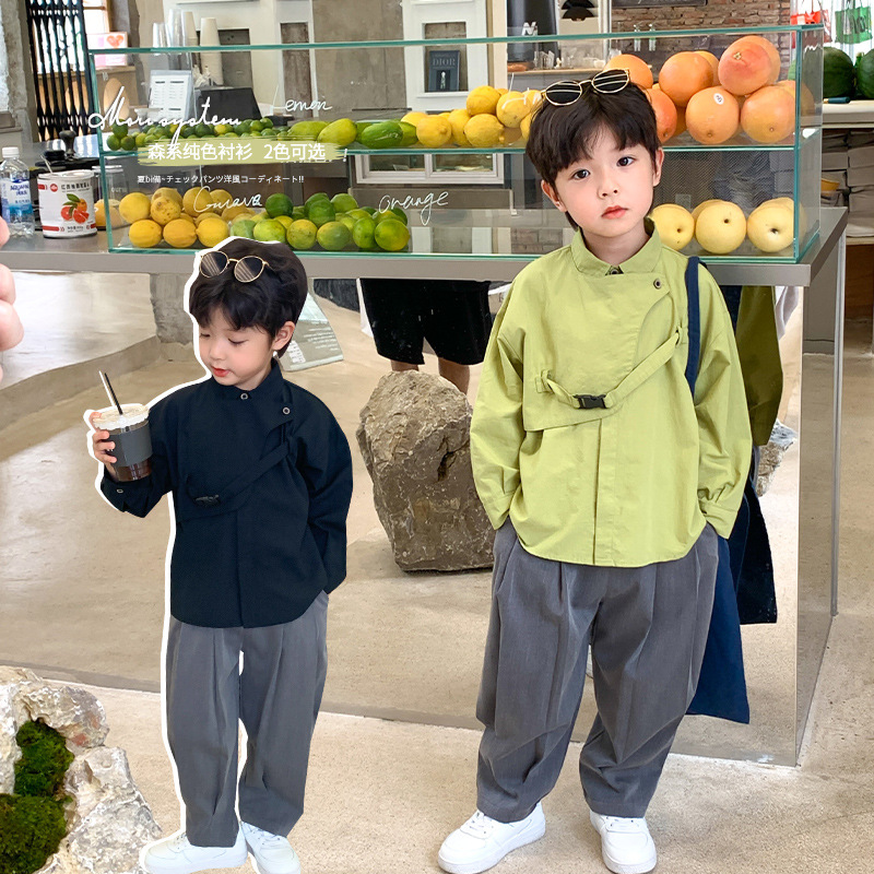 AOAOKIDS童装2022秋季新款韩版男小童纯色衬衫宝宝长袖休闲衬衣潮