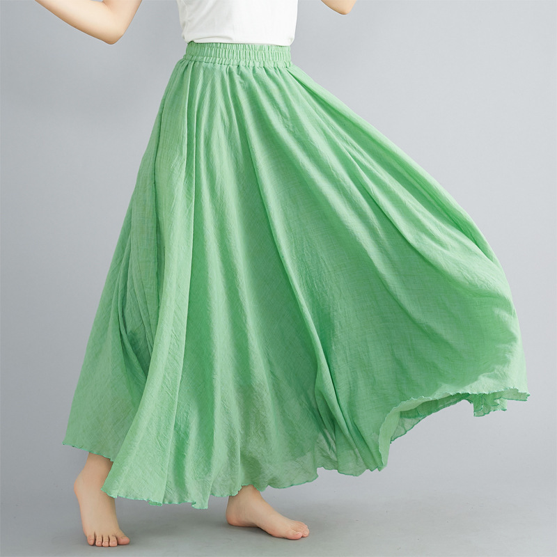 Mori Female Art Large Size Cotton Hemp Skirt Elastic Waist A Line Skirt Long Solid Color National Wind Swing Skirt 24 Colors Application Scenario