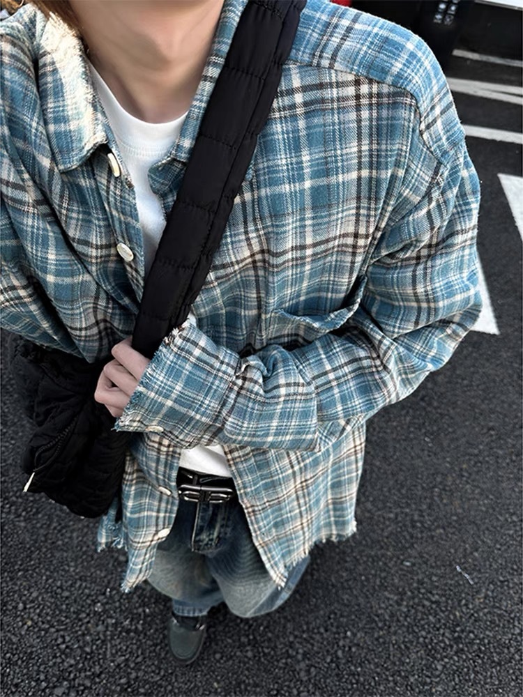 高货复古格纹法兰绒流苏破坏格子衬衫cleanfit设计感男女春季上衣