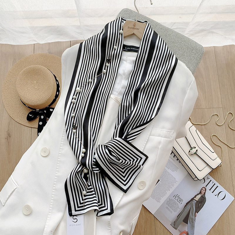 Strict Selection Of New Ins Style Simple Silk Scarf Double-Sided Stripes Imitation Silk Ribbon Satin Scarf Elegant Headband Wholesale Specification drawing