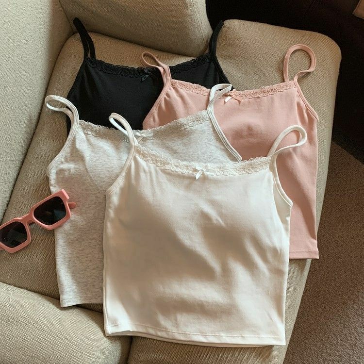 辣妹花边蕾丝吊带背心女带蝴蝶结胸垫搭外修身设计短款打底上衣
