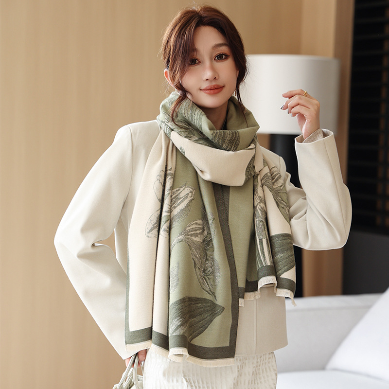 New autumn and winter color-block magnolia flower fashion faux cashmere scarf for women, Korean style versatile and elegant scarf, warm shawl pic 12