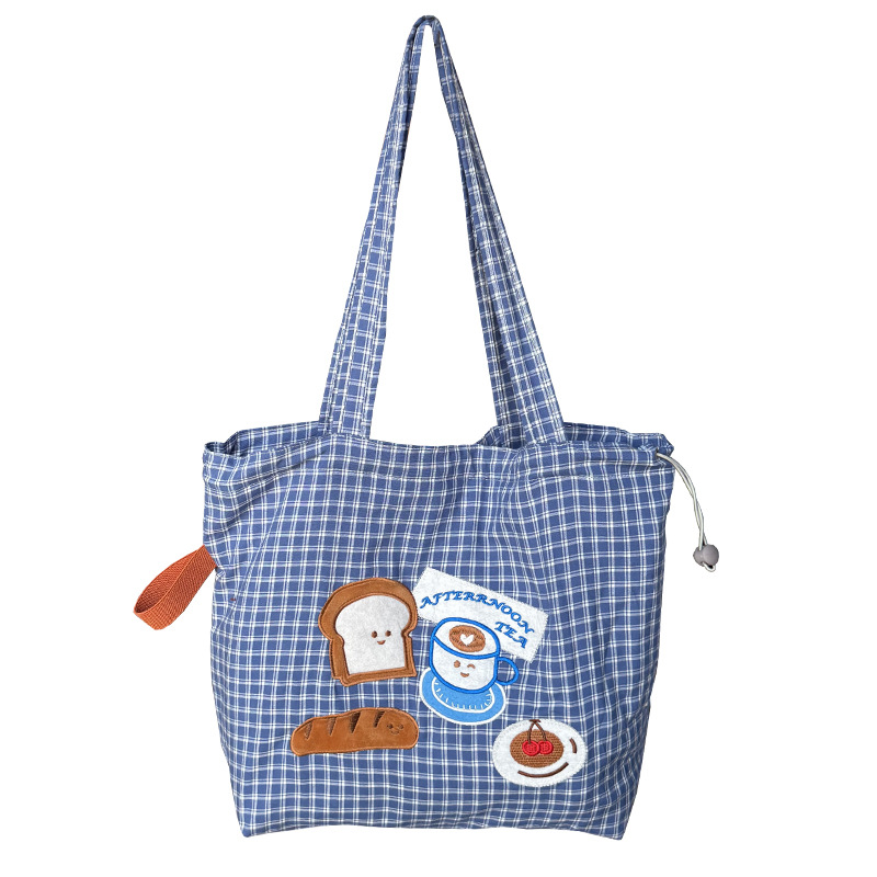 大容量可爱刺绣帆布包女2025新款时尚格子通勤包学院风单肩托特包