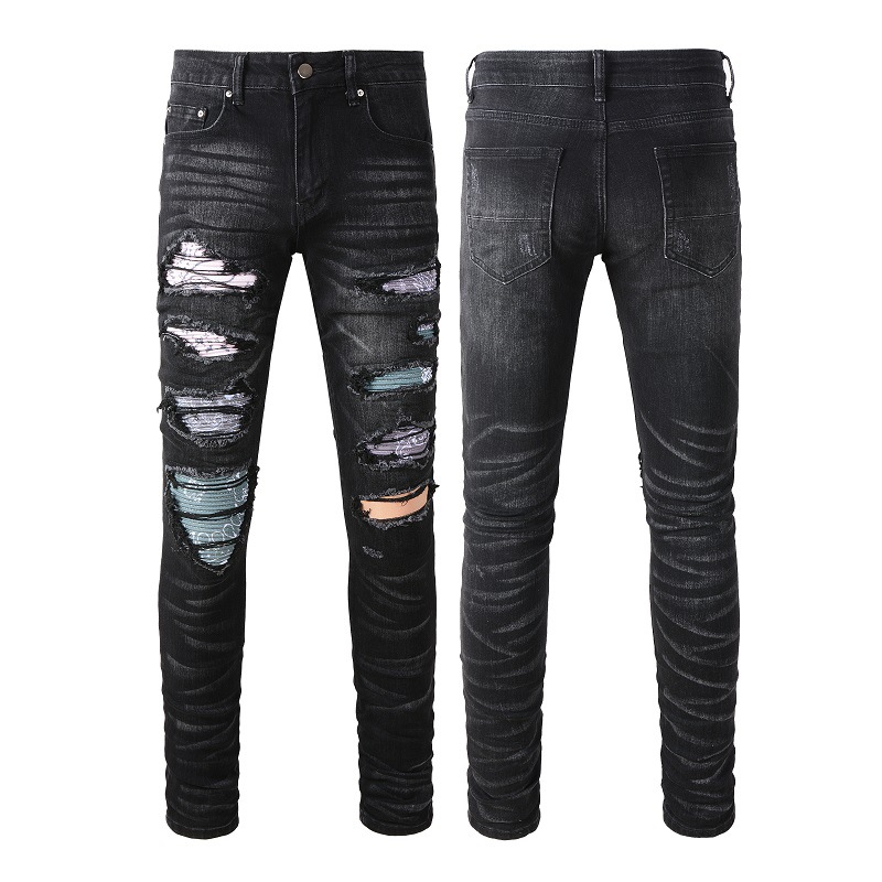 Xiaodan custom-made American high street men's jeans, men's perforated floral fabric patch stretch slimming pants 1334 Item Picture