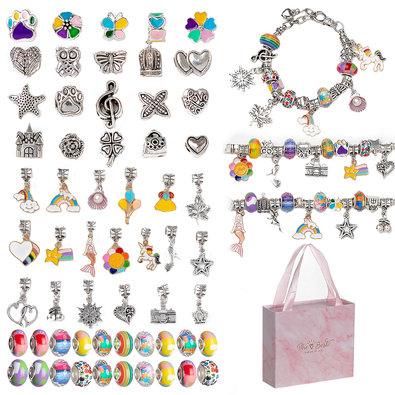 跨境爆款儿童手工水晶散珠合金手链diy串珠材料包饰品配件礼盒装