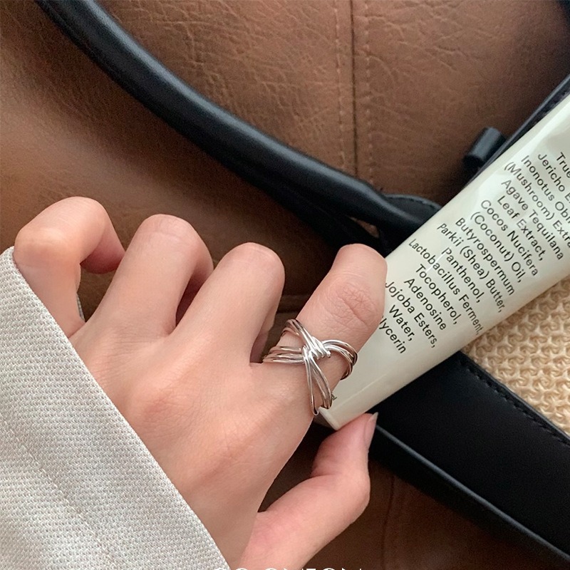 925 Sterling Silver Niche Simple Cross Line Ring Female European And American Fashion Ins Open Ring Adjustable details Picture