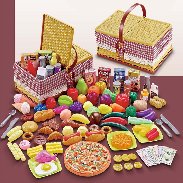 外贸跨境儿童过家家玩具女孩汉堡薯条野餐手提篮套装披萨仿真食物
