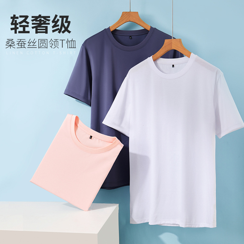 Mulberry silk short-sleeved T-shirt for men, solid color mercerized cotton round-neck base layer, new Spring/Summer 2023 cool high-end T-shirt details Picture