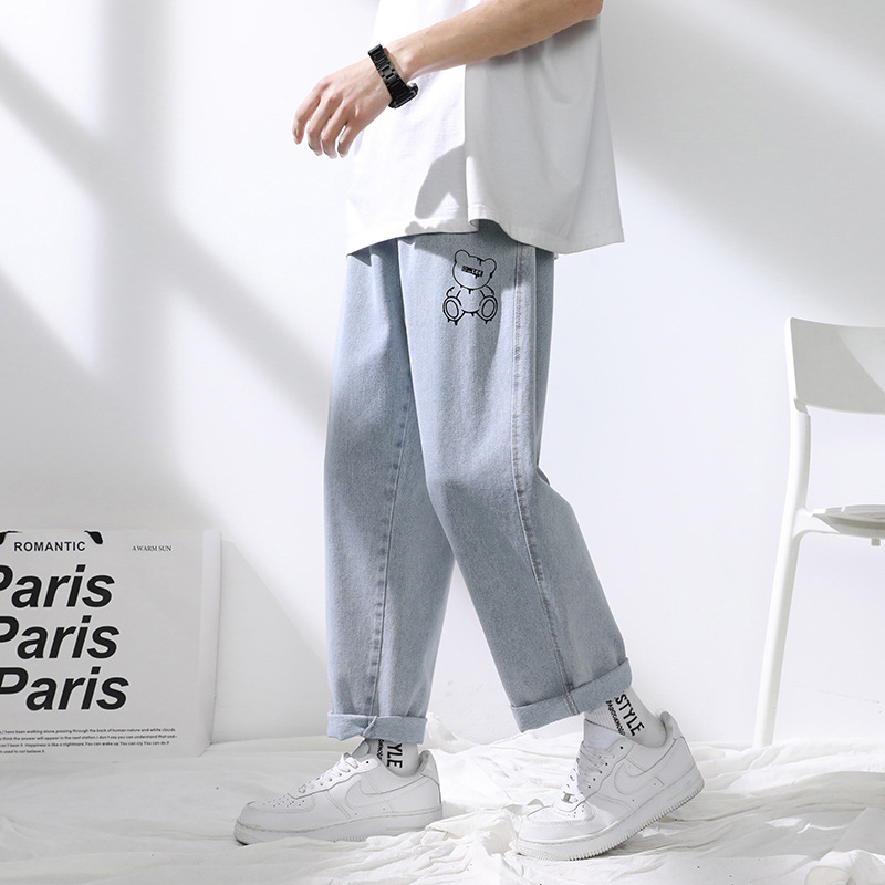 High street jeans for men with rolled-up edges for Spring/Autumn 2024, trendy loose wide-leg pants for students, retro trendy casual pants Application Scenario