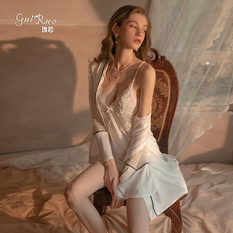2023 New Rose Brand Autumn Satin Breast Cushion Slip Nightdress Women's Deep V Lace-Up Nightgown Suite 1170 Specification drawing