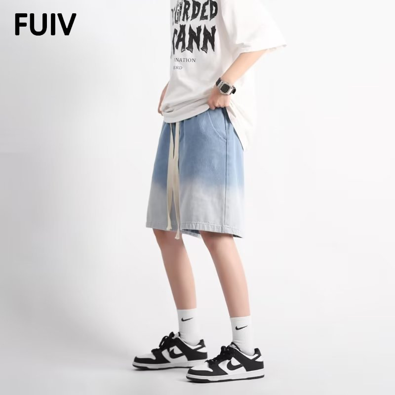 FUIV做旧复古牛仔短裤男潮流休闲街头渐变宽松情侣跨境工装五分裤