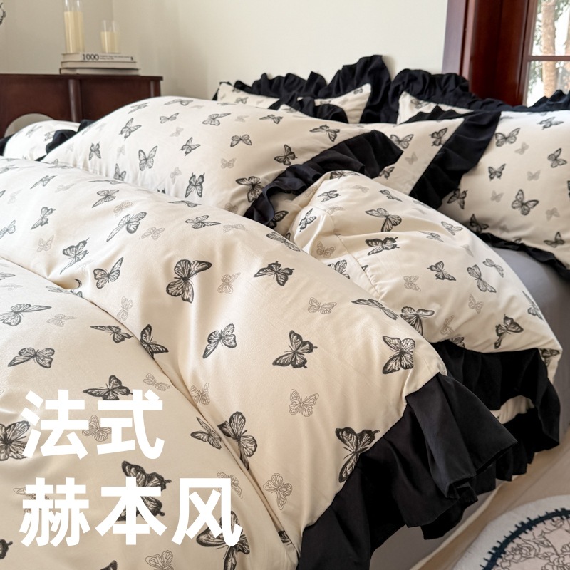 2025新款A类赫本风纯水洗棉花边四件套公主风三4件套单被套床笠款