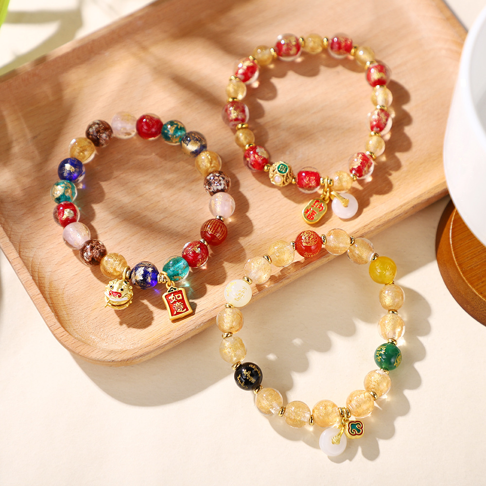 景区热款香灰琉璃手串国潮醒狮吞金兽纳福手链金银箔多宝佛珠手饰