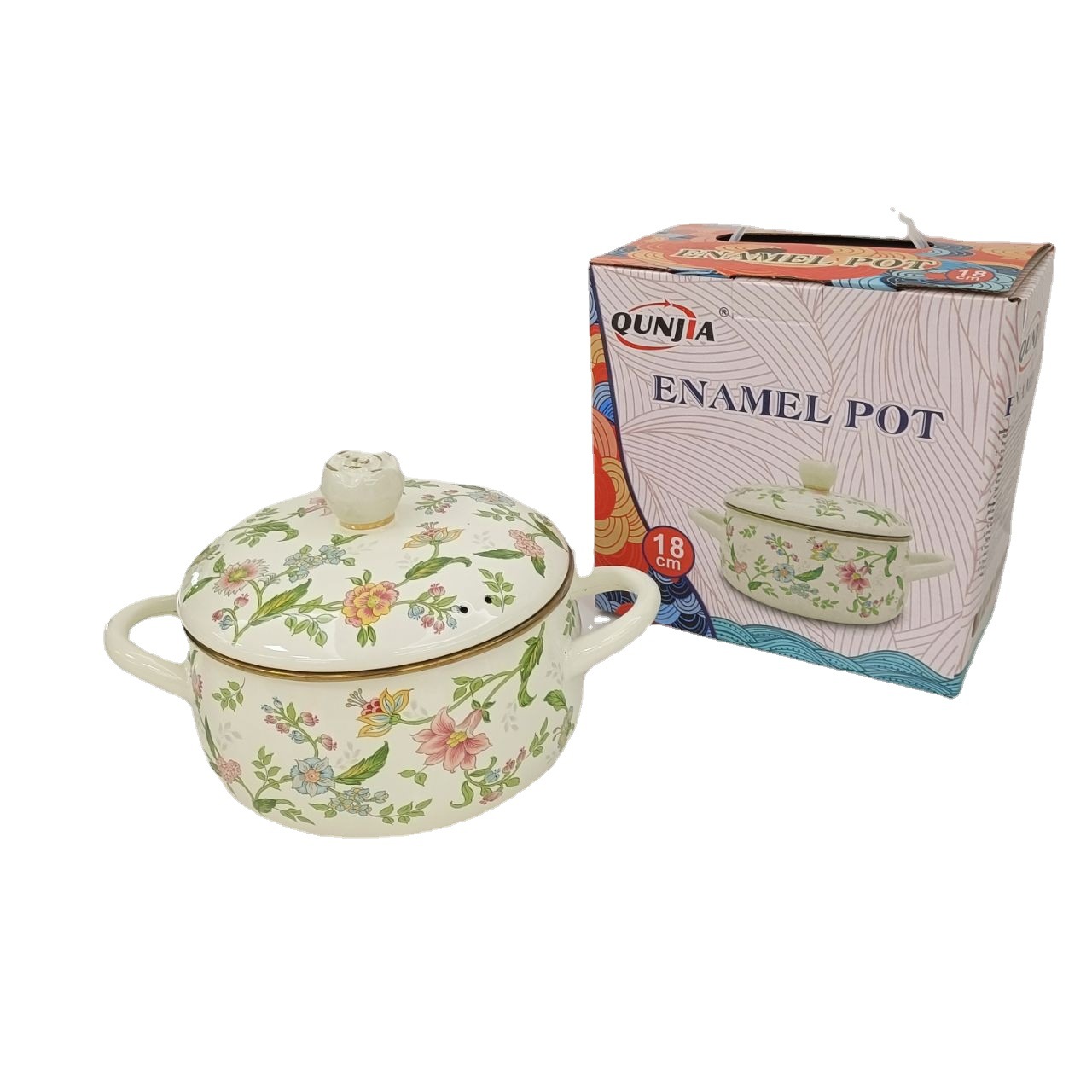 Wholesale Amazon enamel stew pot, double-ear soup pot, 18cm-20cm, with air holes, light luxury enamel pot, bulging pot Item Picture