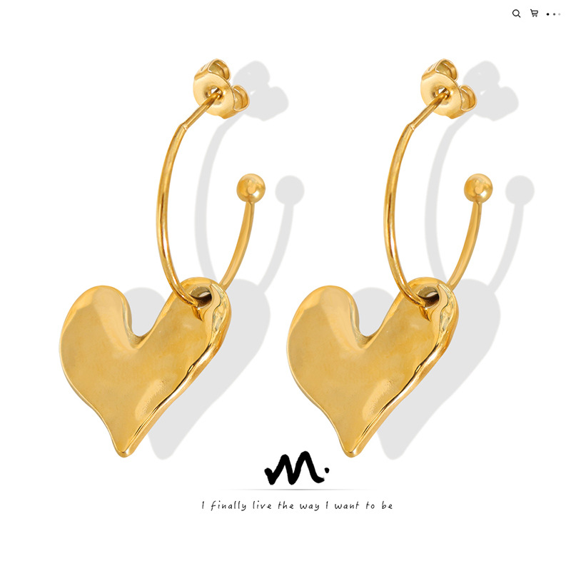 欧美镀18K真金钛钢耳坠个性ins冷淡风爱心心形耳环时尚潮流耳饰品