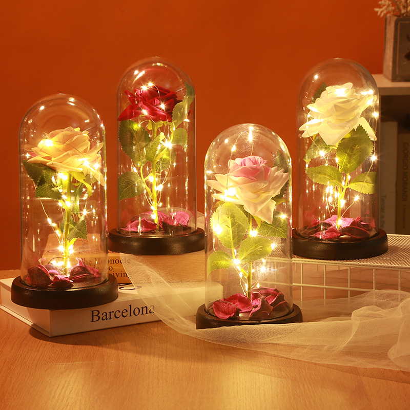 生日礼物永生花玻璃罩送人礼物玫瑰花玻璃罩摆件花朵小夜灯现货