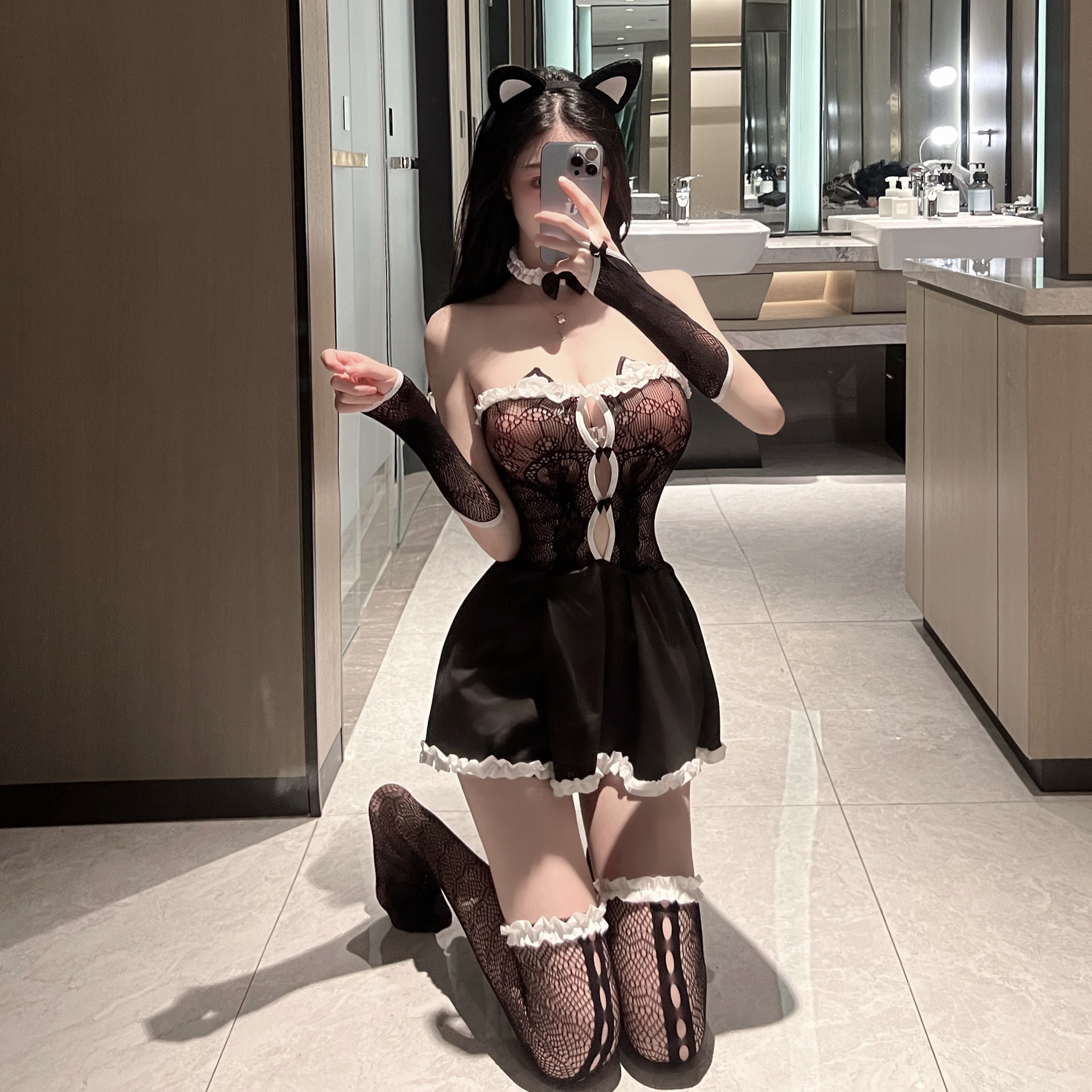 Love such as sexy underwear sexy charming hollow out chest perspective seduction cute cat woman one-piece dress set 5423 details Picture