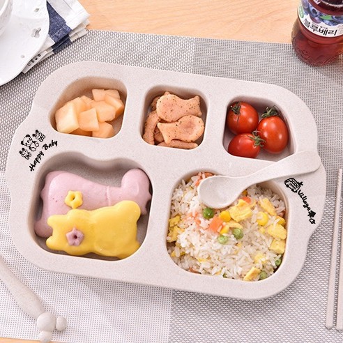 Wholesale wheat straw multi-compartment baby dinner plates with forks and spoons, color box set, PP material children's tableware for mothers and babies full figure
