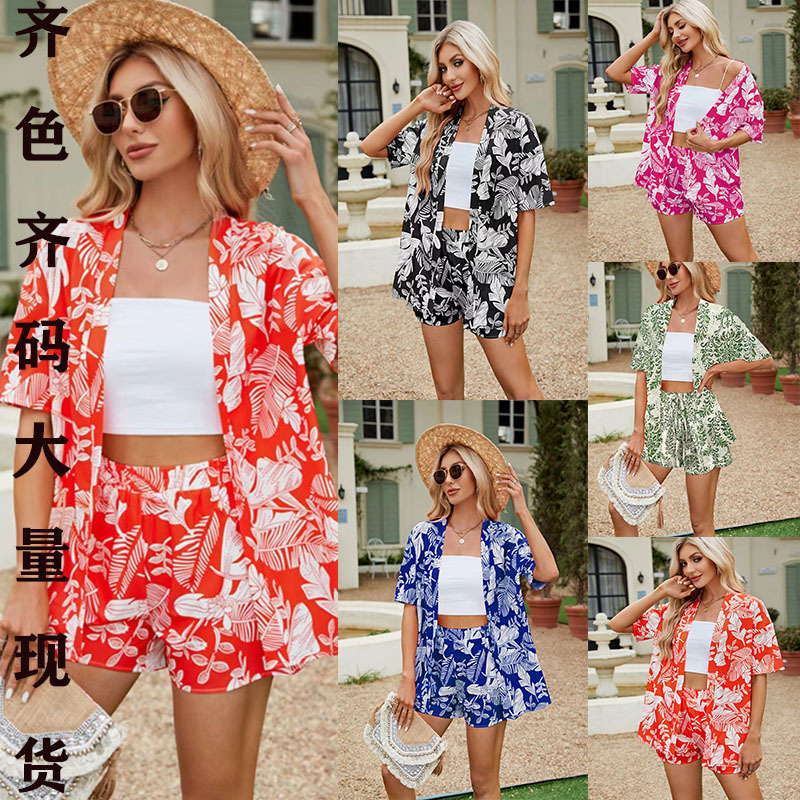 2025 New floral print short-sleeved shirt top and loose waist shorts set for cross-border women's wear on Amazon in Europe and America full figure