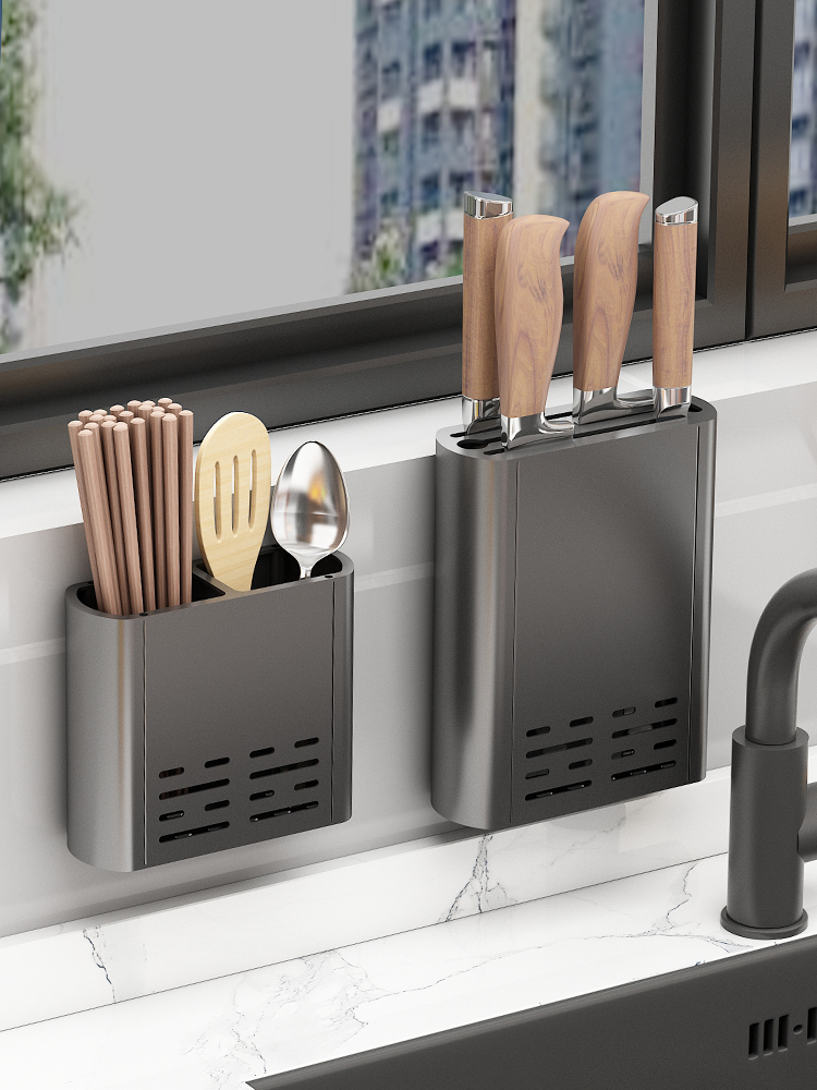 Household kitchen wall-mounted ventilation and drainage storage rack, multi-functional knife rack, non-drilling storage rack, chopstick holder details Picture