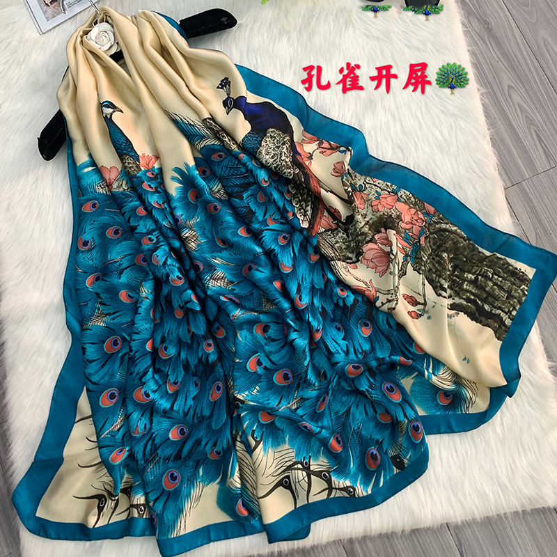 Brocade Network Red With The Same Fashion Scarf Outdoor Sun Protection Beach Scarf Shawl Long Peacock Screen Printed Silk Scarf details Picture