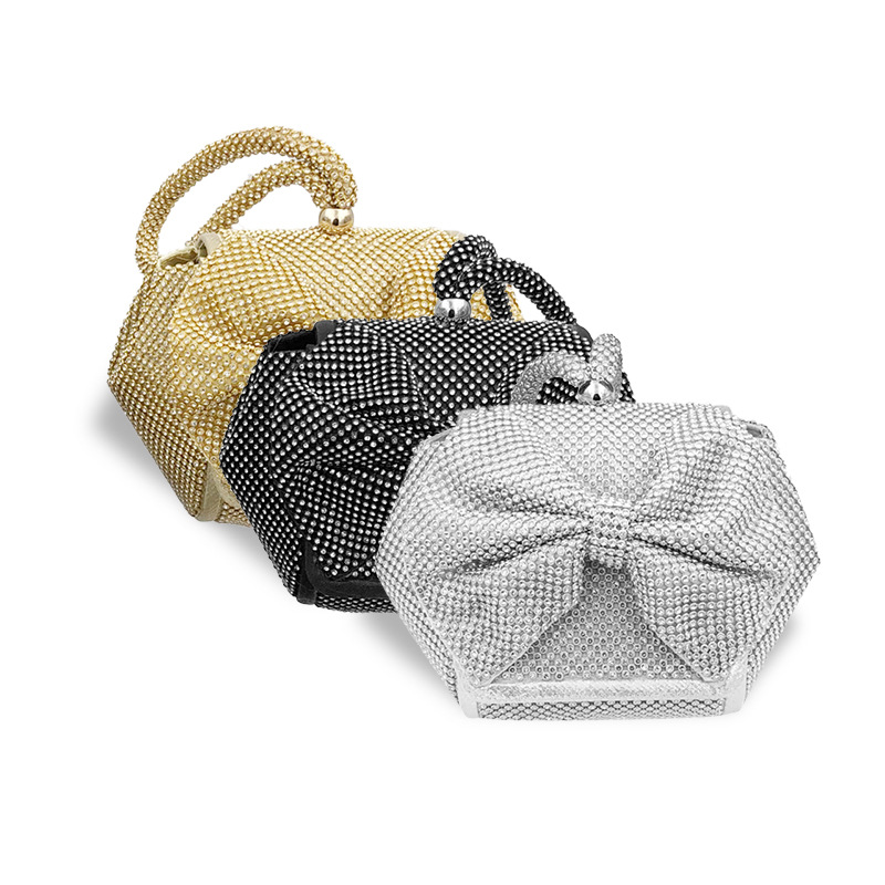 Cross-Border Fashion Fashion Diamond Evening Makeup Bag Rhinestones Hand Bag Bow Dinner Bag Hand Bag Dress Banquet Bag