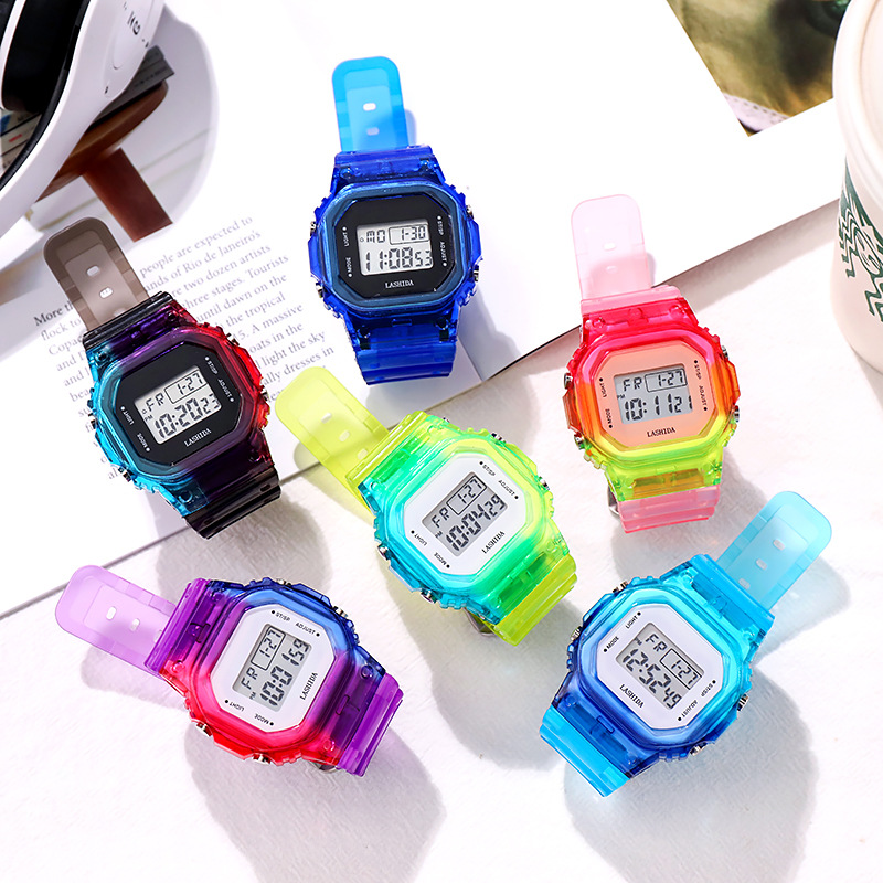 The new colorful gradient small square electronic watch is a fashionable and trendy outdoor sports waterproof children's color watch Specification image