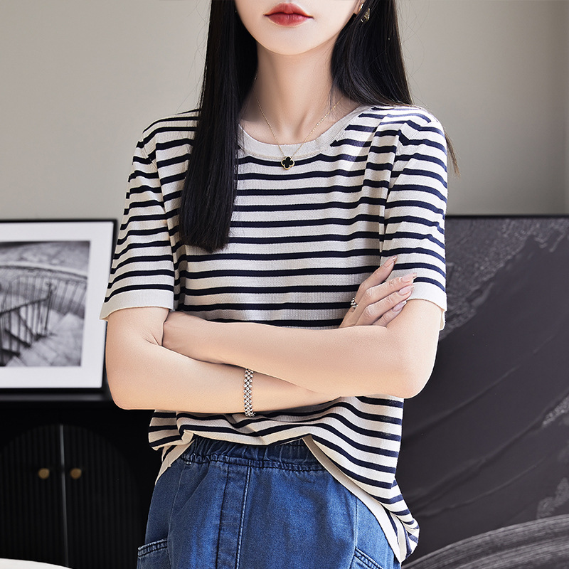 Summer Tencel striped short-sleeved T-shirt for women, 2025 new style top base layer, shoulder top, half-sleeved inner layer, loose details Picture