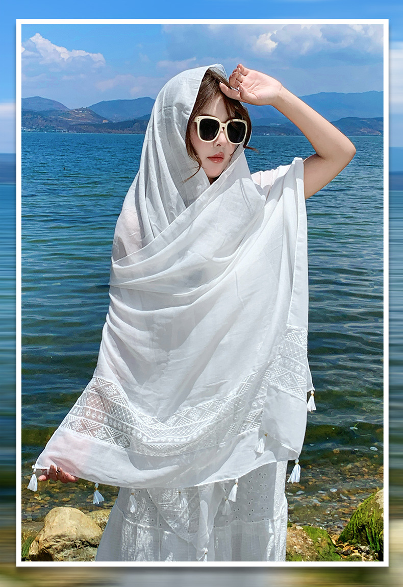 披肩女外搭2025新款白色碎花流苏丝巾搭配吊带旅游拍照必备围巾薄详情1