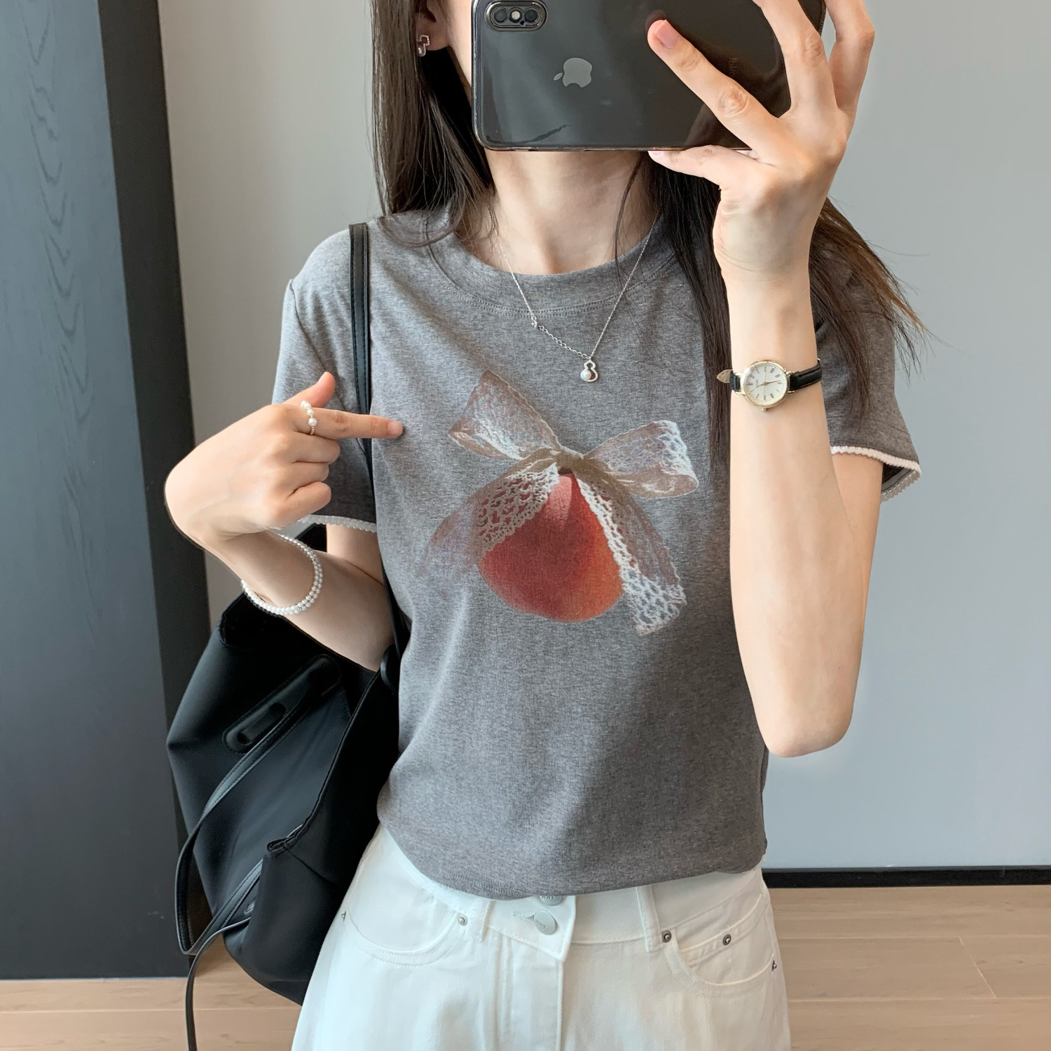 ED430 Bow T-shirt - Apple Print Lace Patchwork Basic Round-neck short-sleeved Women's top 2025
