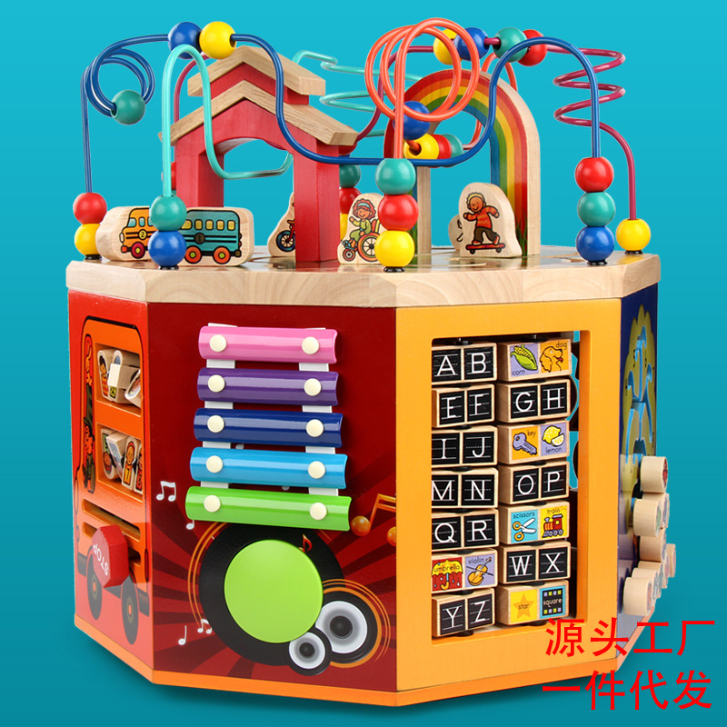 幼儿童木质八面彩虹音乐绕珠多功能百宝箱专注力训练早教益智玩具