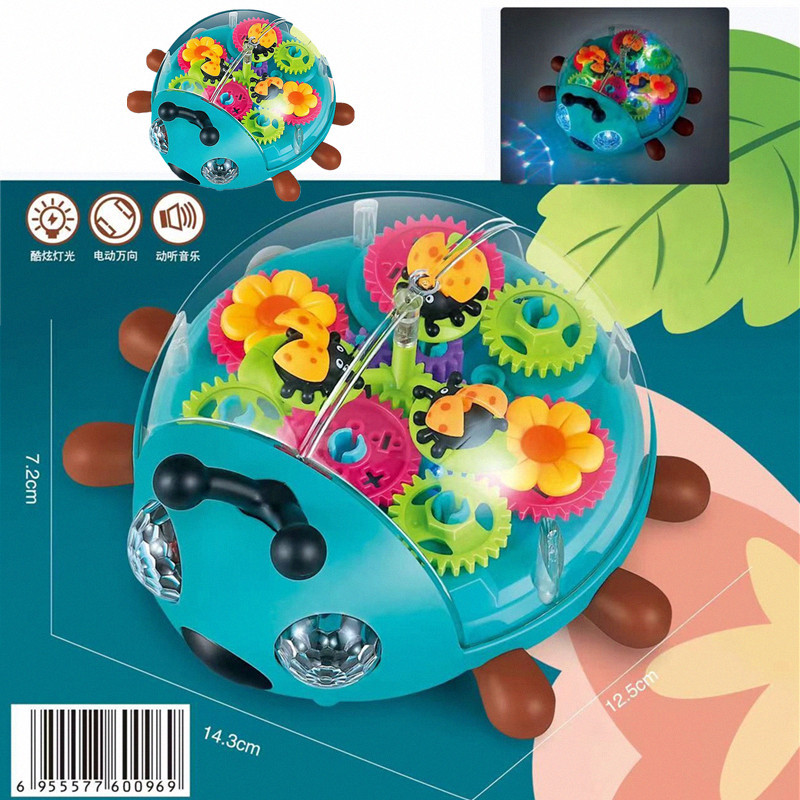 Foreign trade new electric universal transparent rotating gear beetle light music Cartoon Park night market children's toys full figure