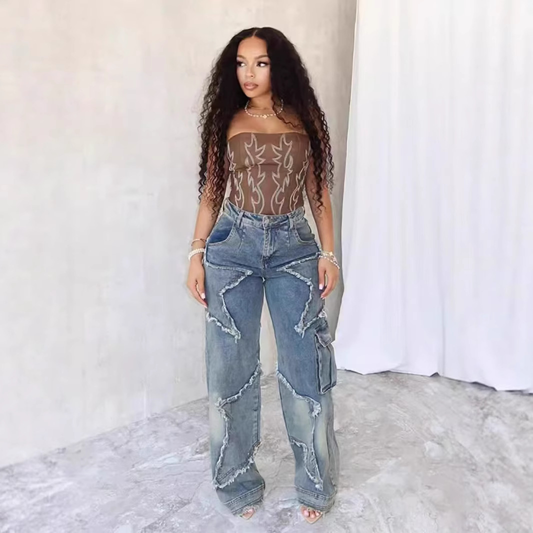 Cross-border European and American patchwork niche design jeans, spicy fringed fringed five-pointed star loose straight-leg jeans