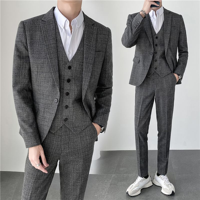 Autumn and winter light mature style Instagram Korean-style slimming men's casual checked suit set of three pieces Specification image