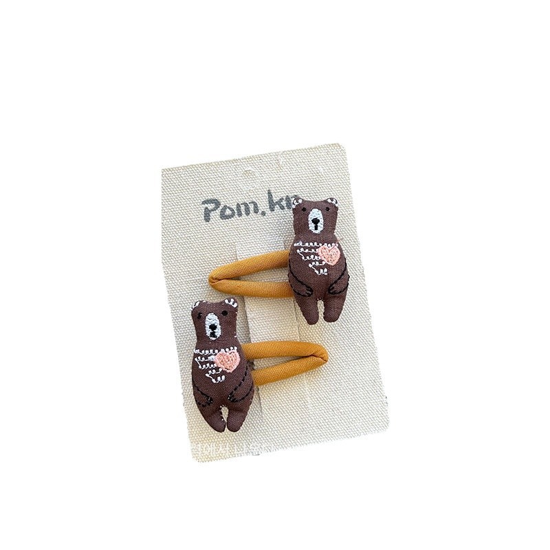 Korean-style cute cartoon bear, coffee-colored heart-shaped embroidery, children's versatile hair clips, high-elasticity rubber band hair accessories Item Picture