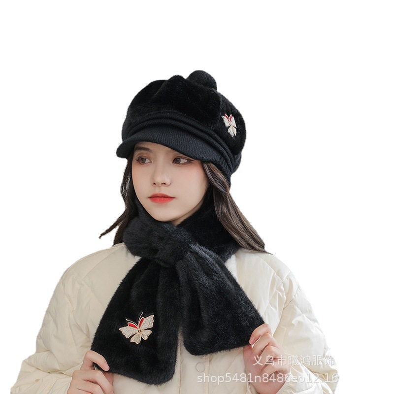 Autumn And Winter New Knitted Cap Scarf Two Sets Of Warm Lovely Bicycle Windproof Butterfly Embroidery Spot Item Picture