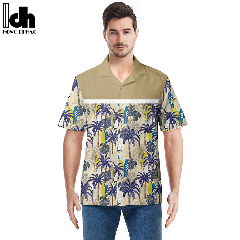 跨境男士夏威夷衬衫欧美3D印花外贸沙滩衬衣开衫短T恤可指定图案详情图3