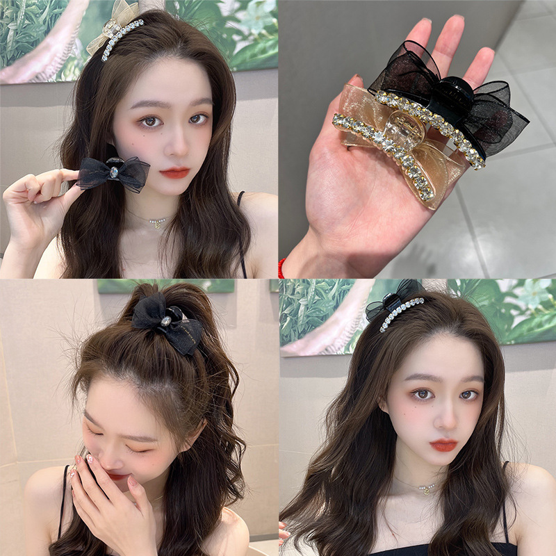 New Korean-Style Double-Sided Rhine-Diamond Grab Clip Hair Accessories Sweet Side Mesh Bow Clip Temperament High Ponytail Hair Clip