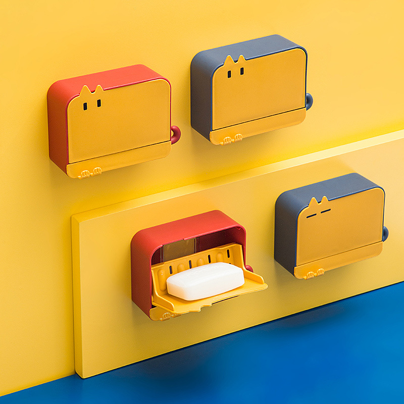 国风家用肥皂盒 免打孔壁挂塑料带盖沥水香皂肥皂盒 塑料皂盒批发