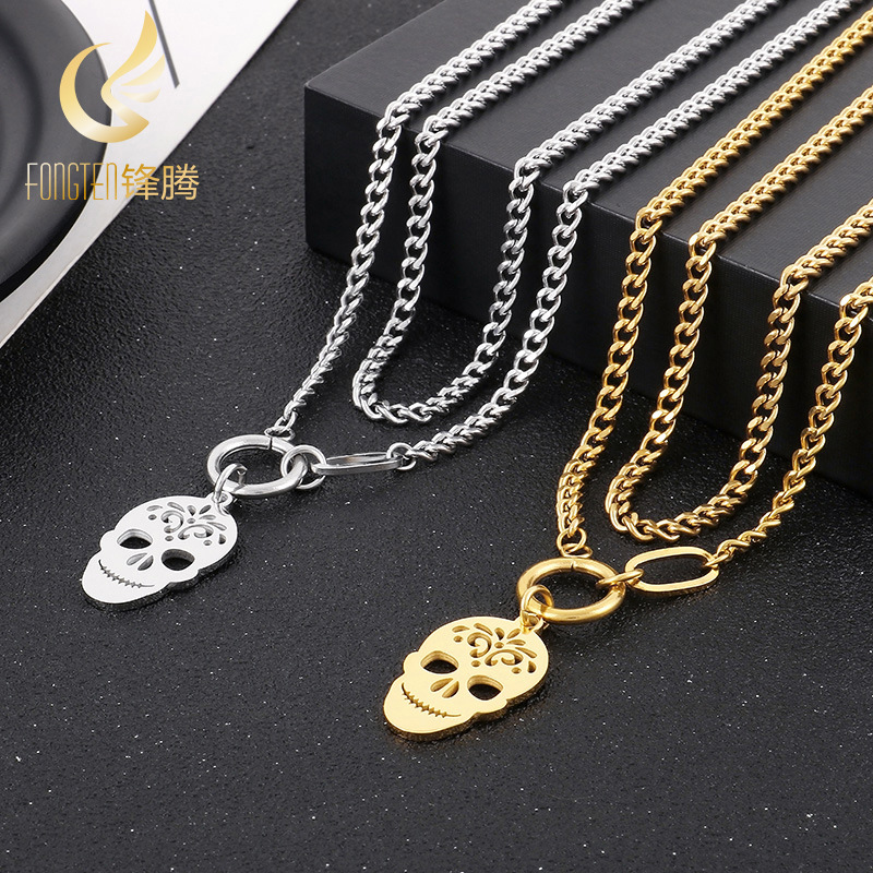 Halloween Accessories Stainless Steel Necklace Men's Stack With Double Ground Cuban Chain Titanium Steel Skull Necklace