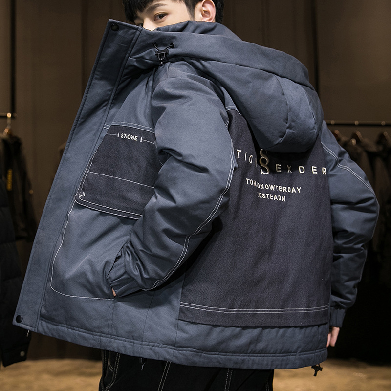 Winter white eiderdown denim down jacket men's hoodie short thick warm loose outdoor patchwork overalls