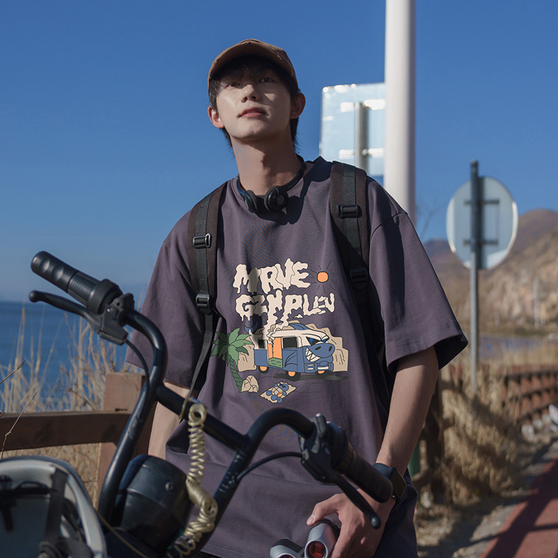 Cartoon-style cityboy pure cotton short-sleeved T-shirt for men's summer new trendy brand loose half-sleeved men's upper garment details Picture