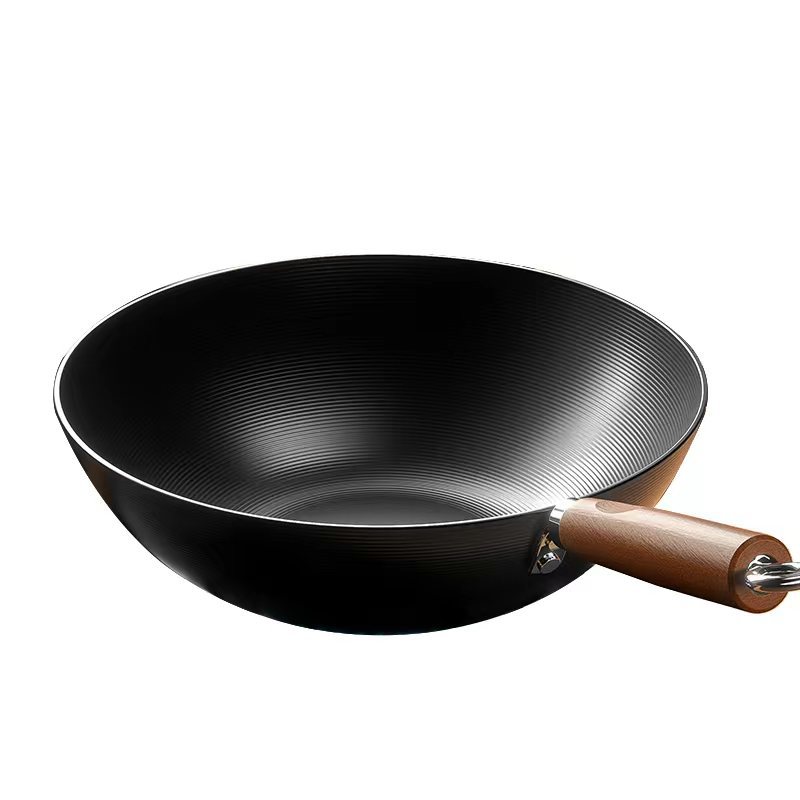 Zhangqiu Zhenbu Rust wok is a traditional old-fashioned flat-bottomed iron wok without coating, suitable for household induction cookers and gas stoves Item Picture