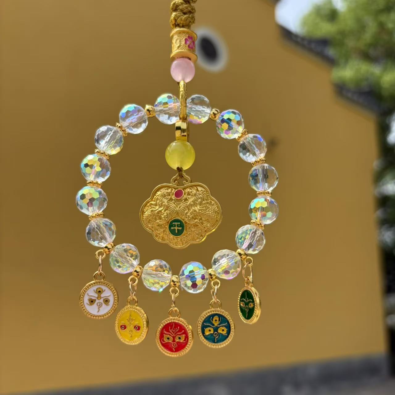 Lingyin's new lucky bag, five-way God of Wealth car pendant, five-color crystal peace lock, bag pendant, Chinese-style accessories, and national trend accessories details Picture