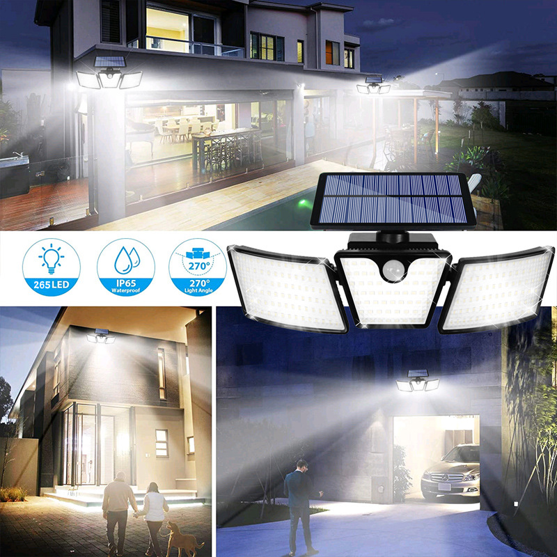 Solar lamp 265led human body infrared three-head sensor street lamp, outdoor courtyard garden landscape lighting wall lamp Specification drawing